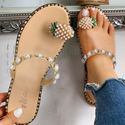 ladies sandals summer casual sandals Women's Flat Toe Pineapple Pearl Bohemian Casual Shoes Flat with Beach Sandal Slippers Ju10